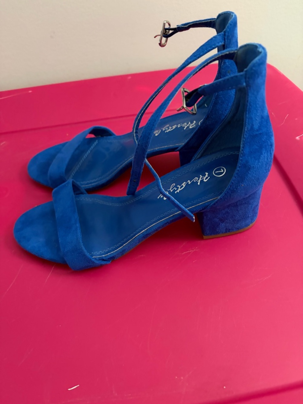 Herstyle Electric Blue Suede Block Heel Sandals with Ankle Straps